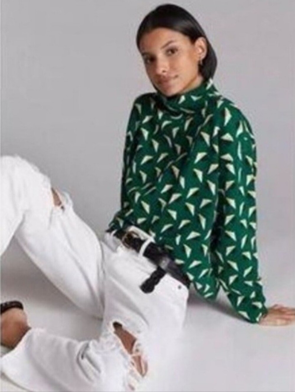 Anthropologie Maeve Green Geometric Mock Neck Pullover Sweater Size XS
